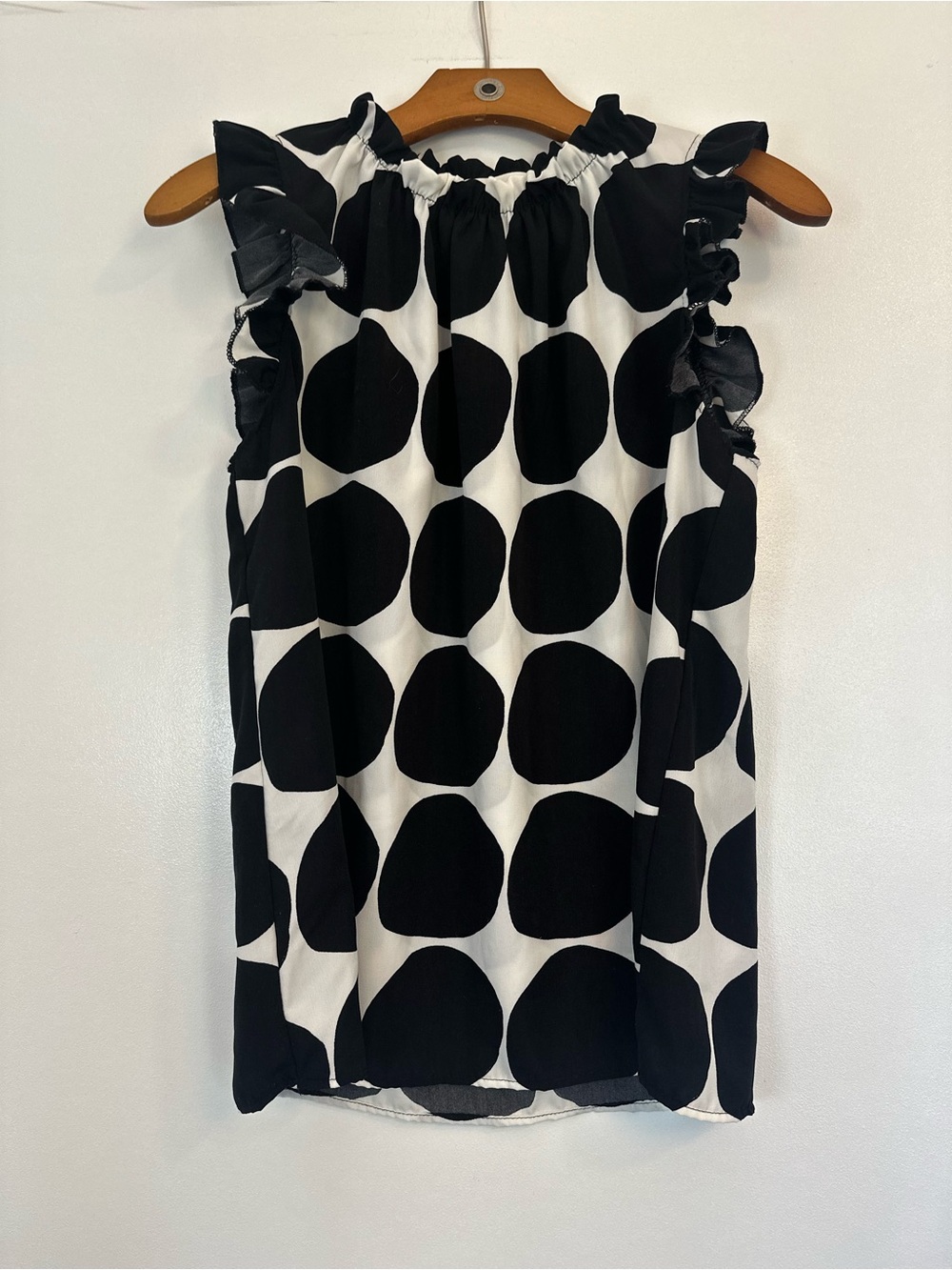 Ces Femme Black and White Polka Dot Ruffle Neck Top